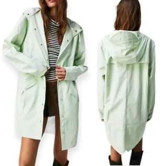 RAINS Jacket Long Mineral Green Casual Unisex Lightweight Hooded Neutral Pockets - Picture 3 of 16